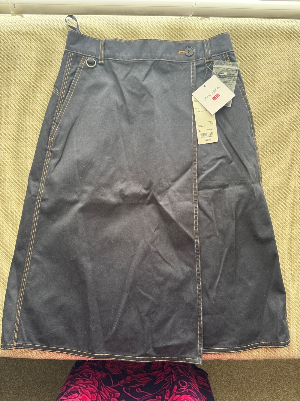 Uniqlo Navy Denim-Style Midi Skirt with Contrast Stitching
